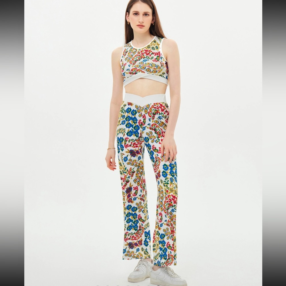 Cider Multicolor Floral boho Crop Top and Wide leg pant set Outfit Sz L